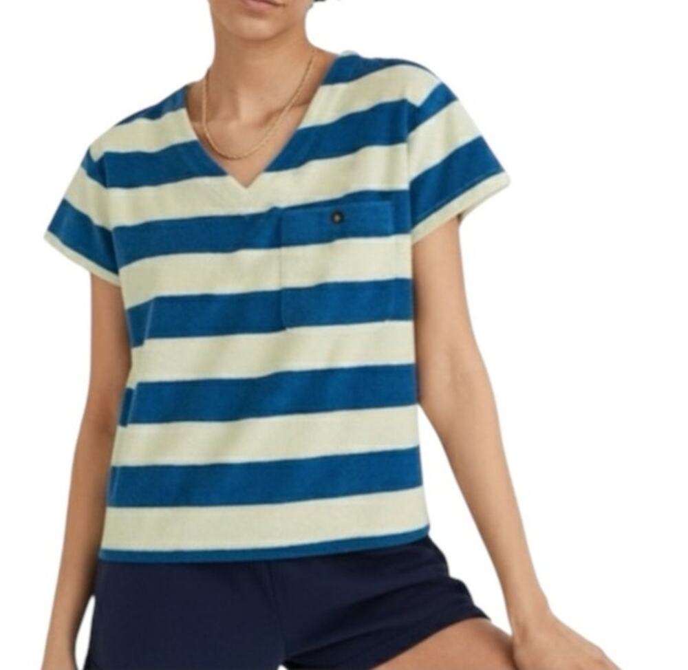 Madewell V-Neck Pocket Top Green Blue Stripe Terry Cloth Size L